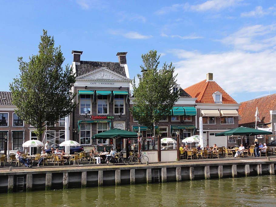 netherlands, sky, clouds, harbor, canal, water, reflections HD wallpaper
