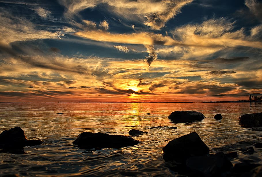 body of water under sunset, sundown, dorval, quebec, canada HD wallpaper