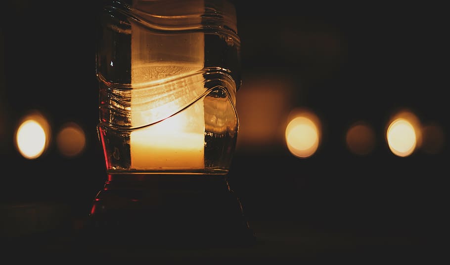 clear glass lamp at night, candle, holder, dark, light, bokeh HD wallpaper