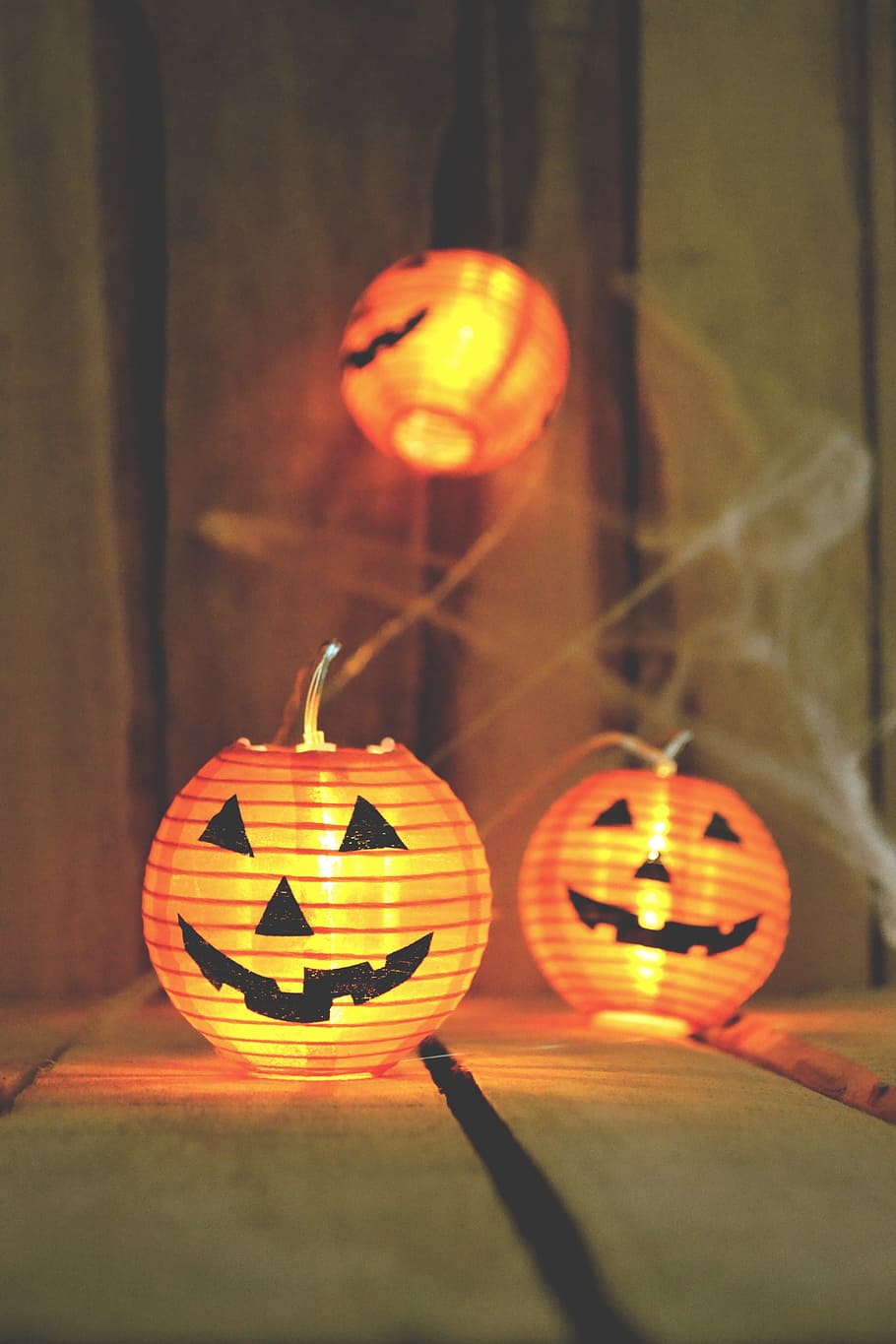 orange, pumpkin, halloween, light, night, web, wall, celebration HD wallpaper