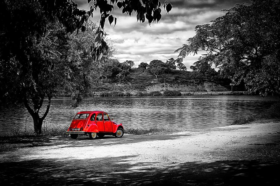 car, trees, red, road, landscape, transport, automobile, travel HD wallpaper