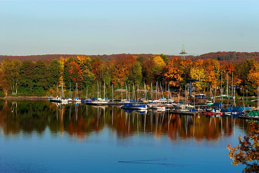 lake, water, clouds, trees, nature, boats, nautical Vessel HD wallpaper