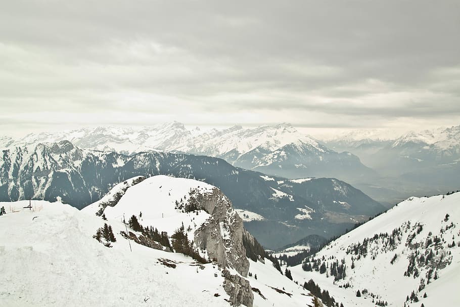 Aerial view of mountain range covered by snow, winter, nature HD wallpaper