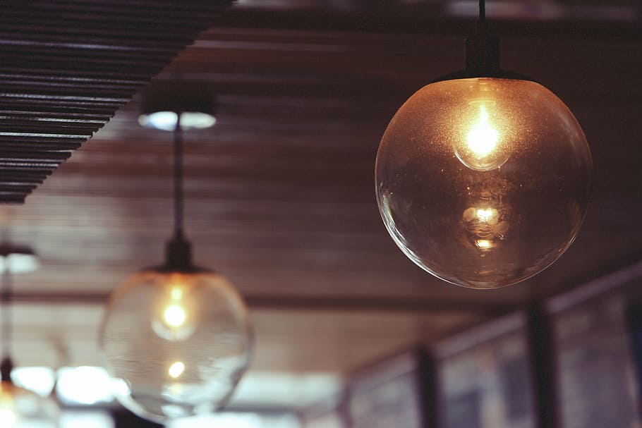 lit clear glass ball pendant lamp, framed, string, light, lights HD wallpaper