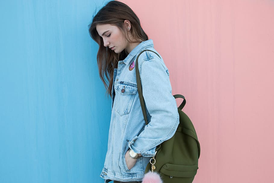 woman wearing green backpack near wall, blue, denim, jacket HD wallpaper