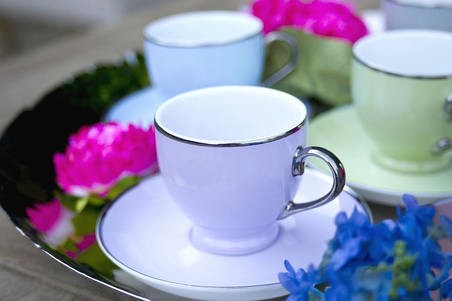 white and gray ceramic coffee cup on saucer beside pink and blue flowers HD wallpaper