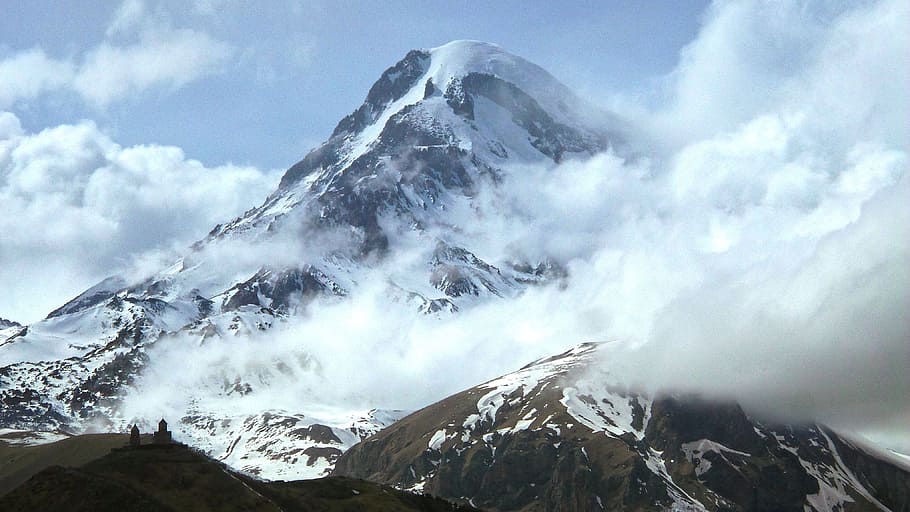 kazbek, the caucasus, mountains, the clouds, georgia, beauty in nature