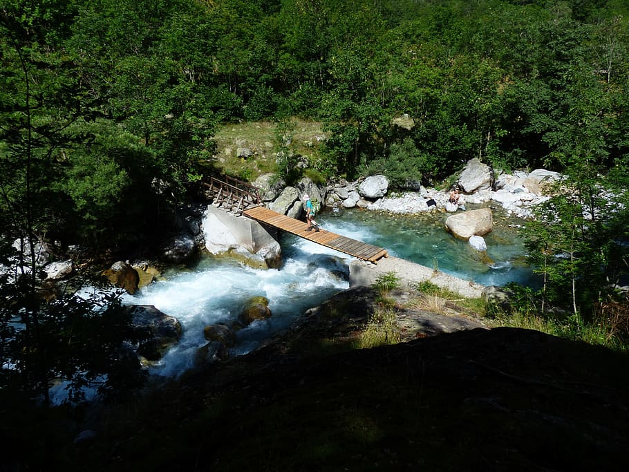 river, bach, mountain stream, bridge, wooden bridge, cross, HD wallpaper