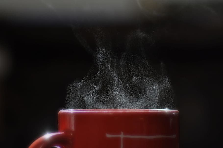smoke coming out from mug filled with beverage, red ceramic mug HD wallpaper
