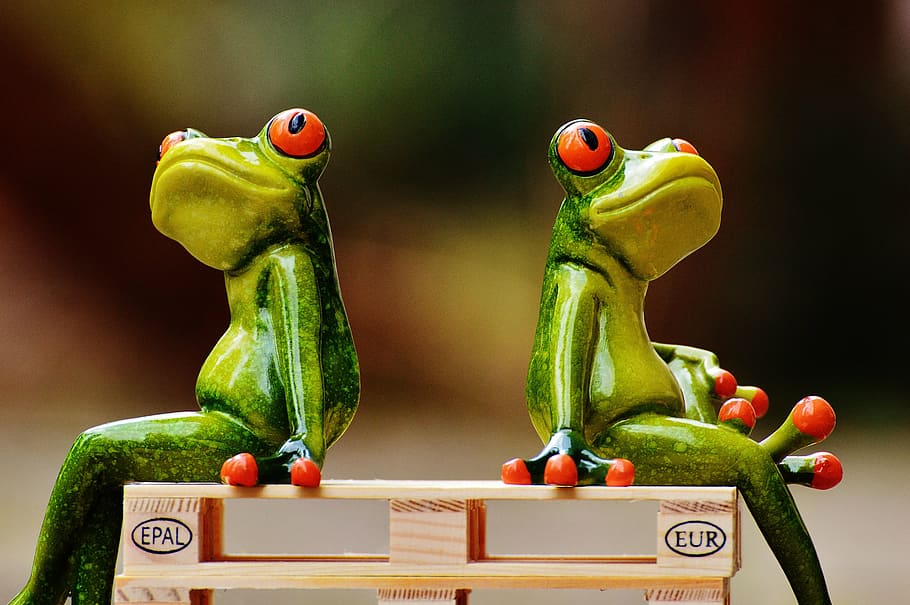 two green frog figurines, friends, sit, pallets, frogs, euro pallets, HD wallpaper