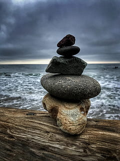 wood, sea, nature, sky, balance, beach, boulder, close-up, Dark Sky HD wallpaper