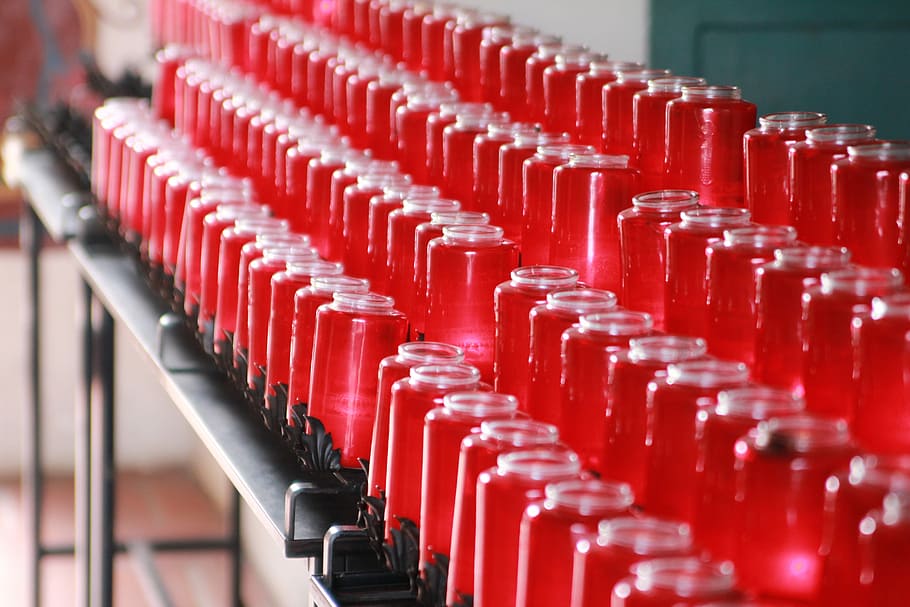 Candles, Prayer, Catholic, in a row, red, indoors, drink, no people HD wallpaper