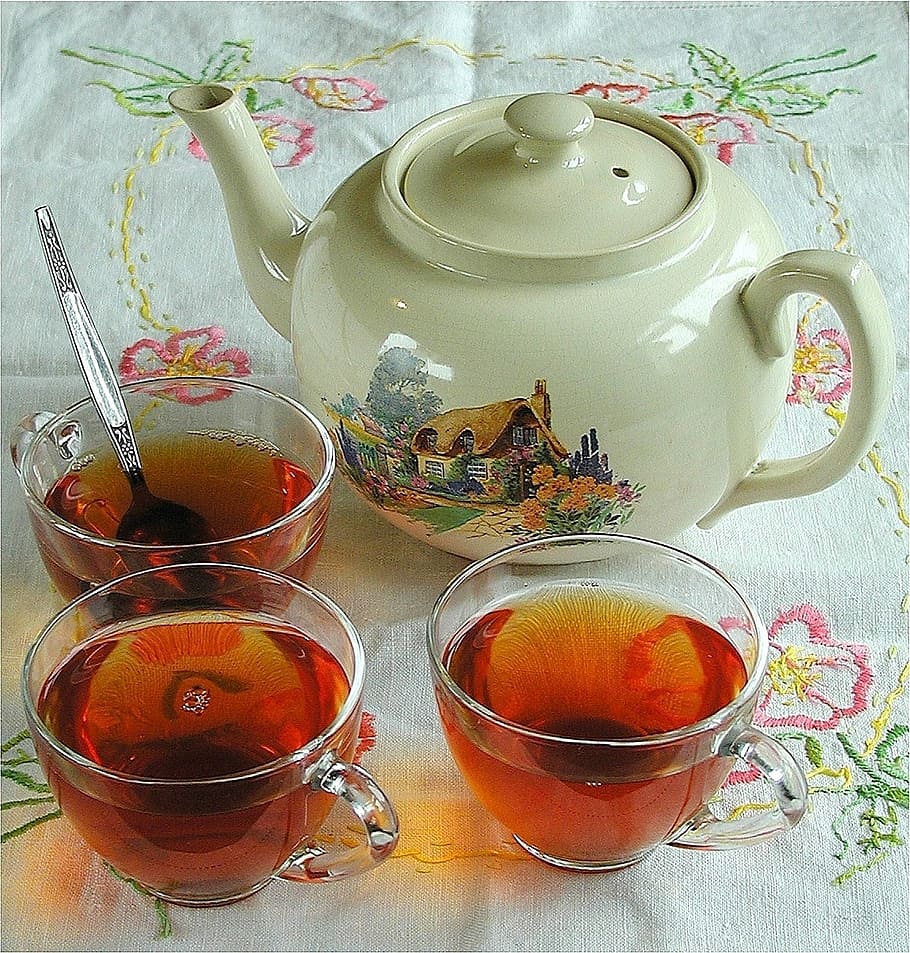 tea, beverage, drink, cups, table, table cloth, teapot, hot HD wallpaper