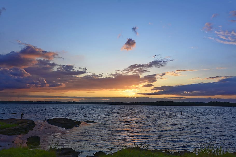 sunset, sky, twilight, abendstimmung, clouds, evening sky, sea HD wallpaper