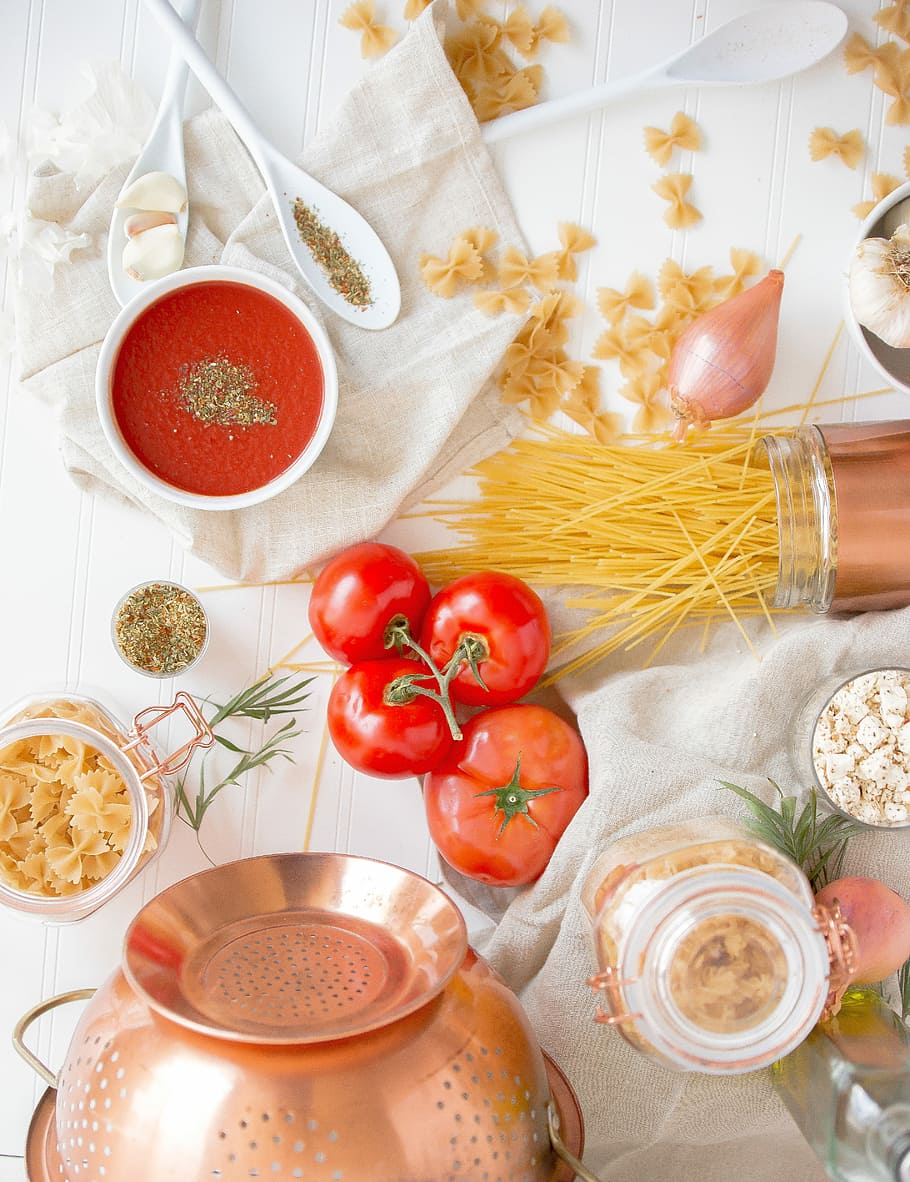 red tomato and pasta, flat lay photography of uncooked pasta, tomatoes, colander, and jar, HD wallpaper