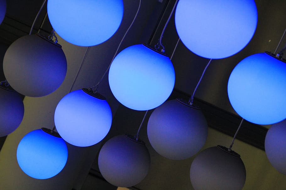 white and blue lighted pendant lamps, night, dark lighting HD wallpaper