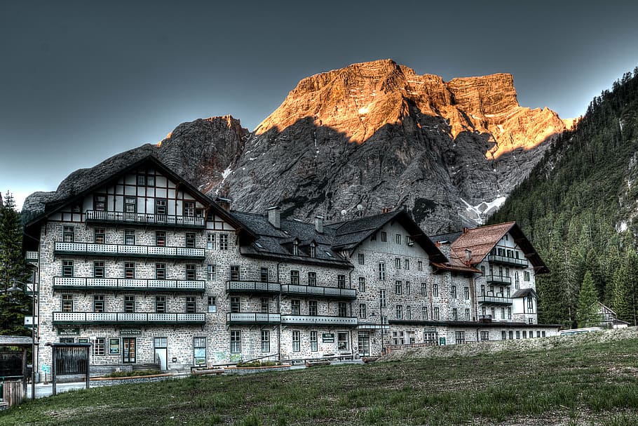 architecture, building, clouds, daylight, grass, hotel, landscape HD wallpaper
