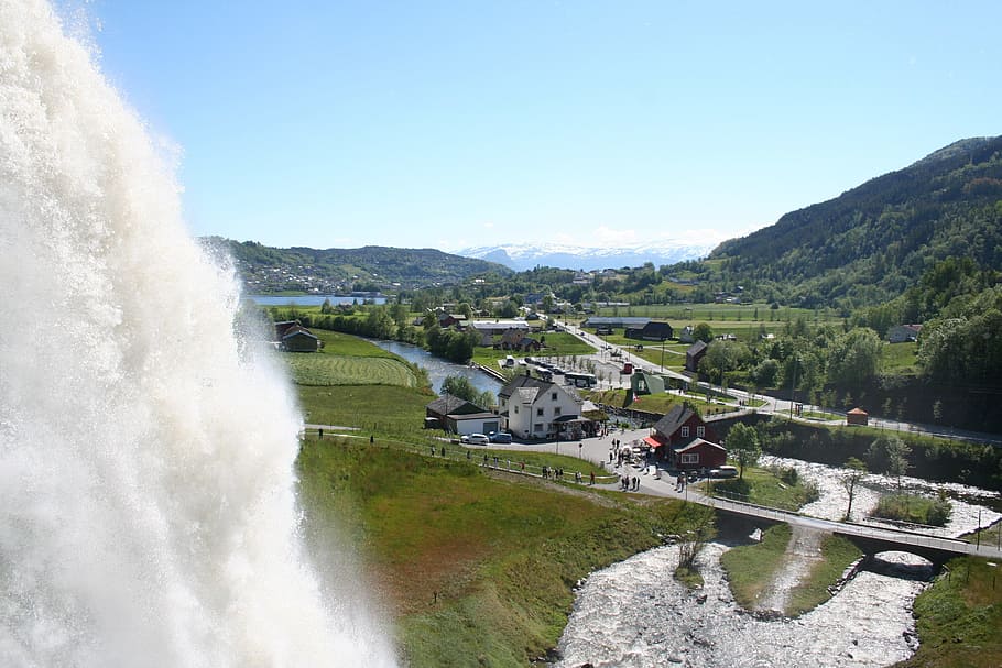 waterfall, norway, nature, sky, architecture, day, motion, built structure HD wallpaper