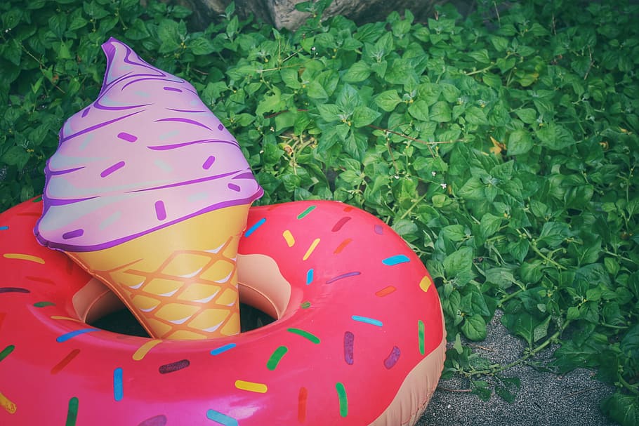 pink doughnut pool float, pink Color, food, childhood, day, one person HD wallpaper