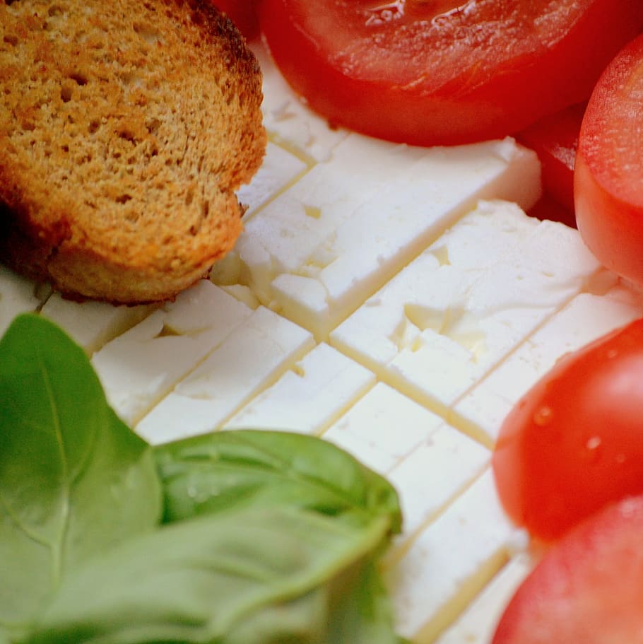 feta, tomato, basil, bread, eat, food, italian, cut, preparation HD wallpaper