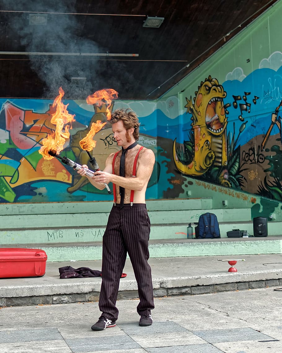 acrobat, fire, juggler, artist, road, artists, graffiti, montreux HD wallpaper