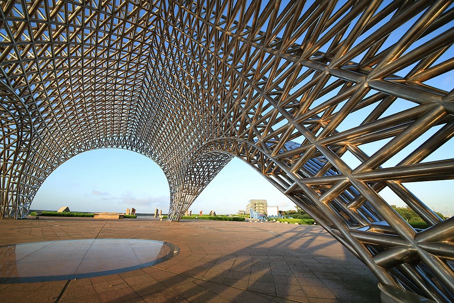 gray metal dome under blue sky, building, grid, beach, sea view park HD wallpaper