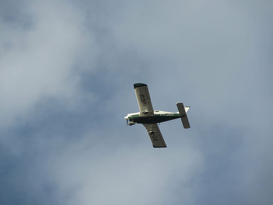 plane, sky, small, clouds, blue, aeronautics, low angle view HD wallpaper