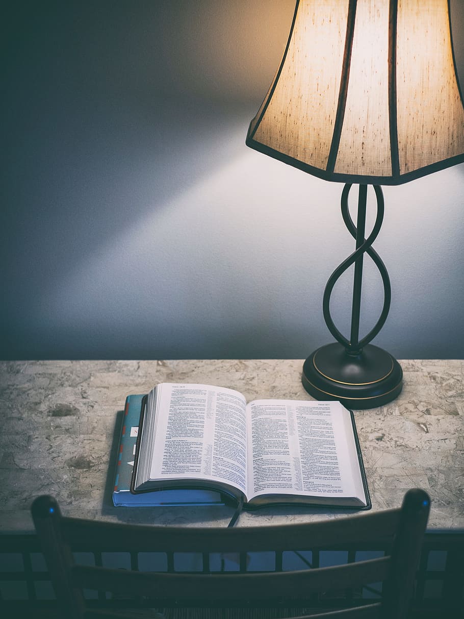 lamp, book, reader, table, chair, dark, night, light, indoors HD wallpaper
