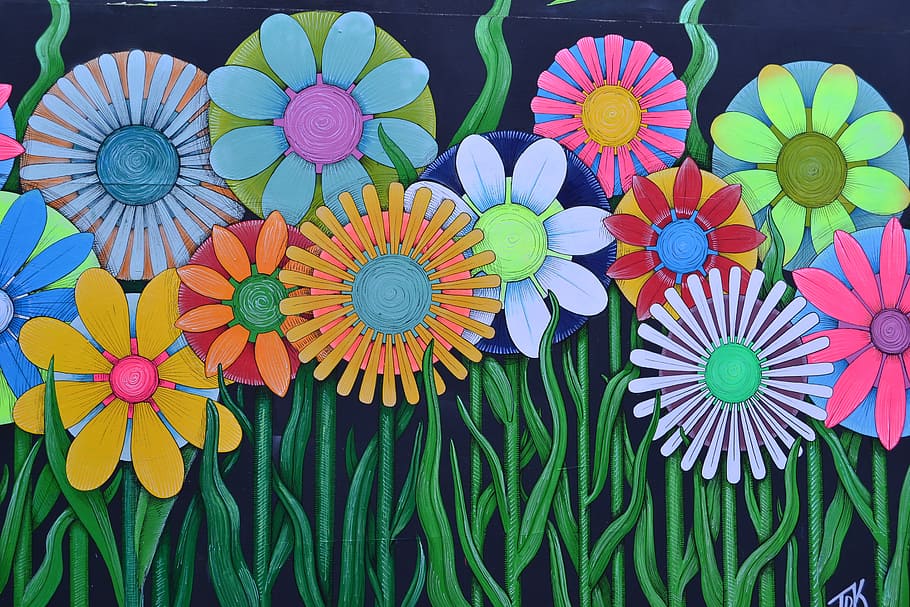 multicolored flowers, art, road, painting, london, street art