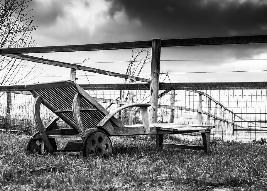 sunbed, hdr, clouds, black And White, old, old-fashioned, outdoors HD wallpaper