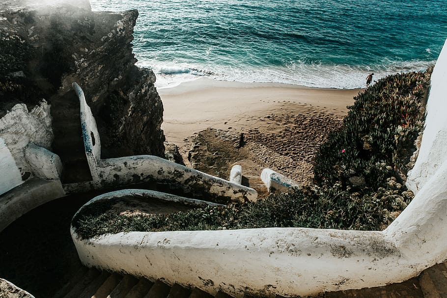 brown and white concrete stairs near sea waves at daytime, body of water aerial photography HD wallpaper