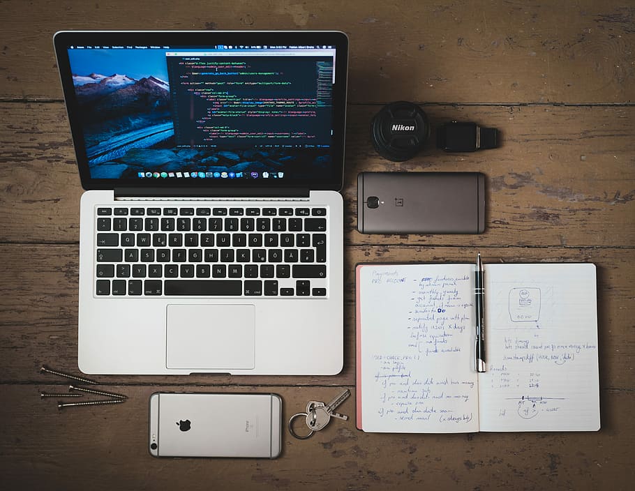 silver MacBook turned on, MacBook with smartphones and notebooks HD wallpaper