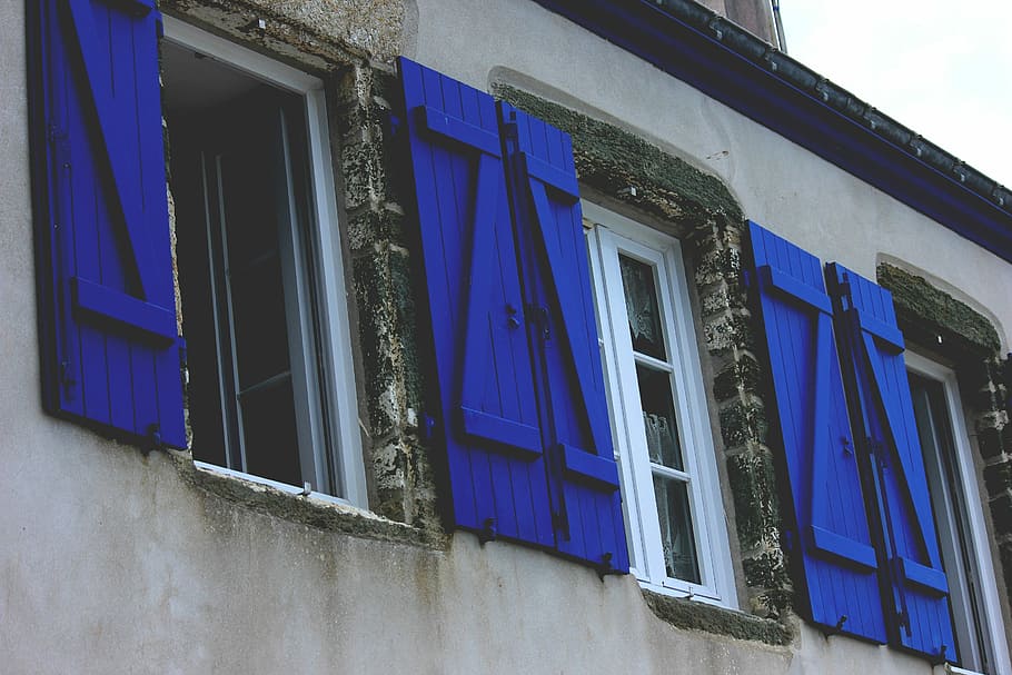 Building, Windows, Shutters, architecture, exterior, wall, blue HD wallpaper