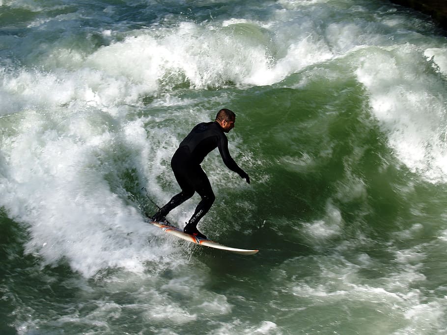 man surfboarding on sea, surfer, wave, water, munich, sport HD wallpaper