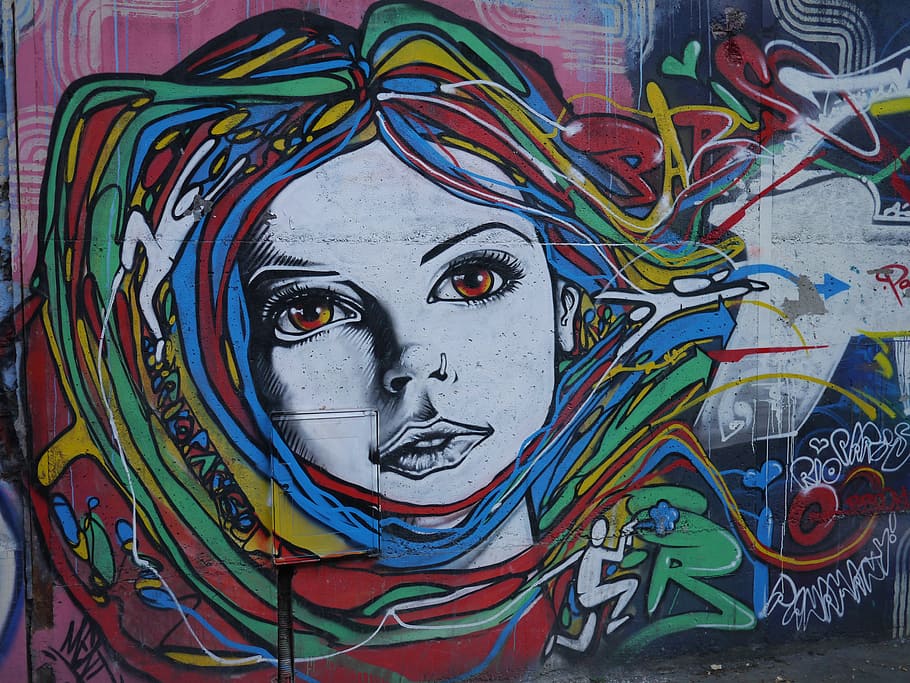 woman face abstract painting, girl, urban art, graffiti, graffiti art