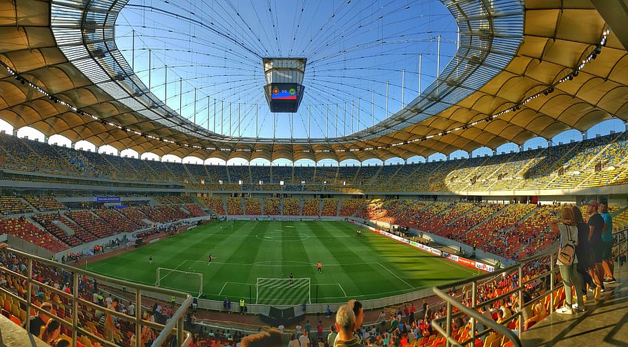 soccer stadium on daytime, national arena, bucuresti, turf, football, HD wallpaper