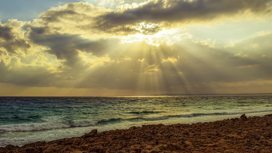 sunset, sea, sky, clouds, waves, sunshine, sunbeam, rays, afternoon HD wallpaper