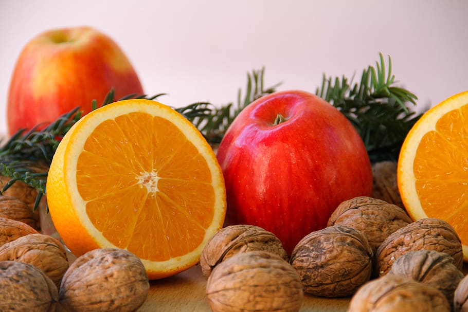 sliced orange beside apple fruit, nuts, advent, christmas, red, HD wallpaper