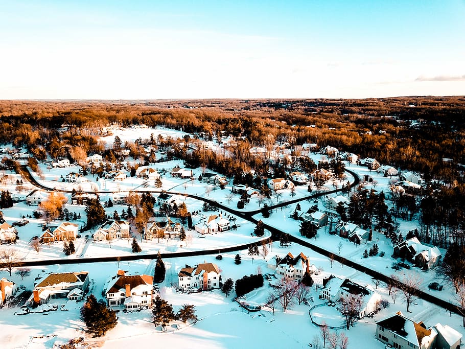 snow coated village, aerial photography of village, landscape HD wallpaper