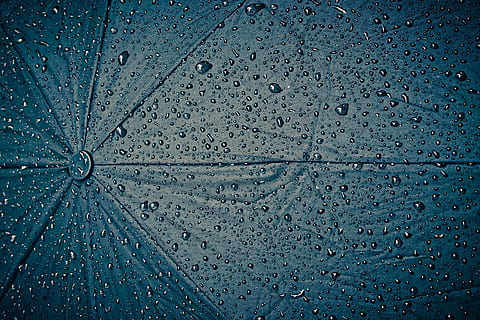 blue umbrella covered with water dews, rain, screen, raindrop HD wallpaper