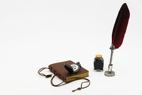 black and silver ink well beside black pocket watch, feather HD wallpaper