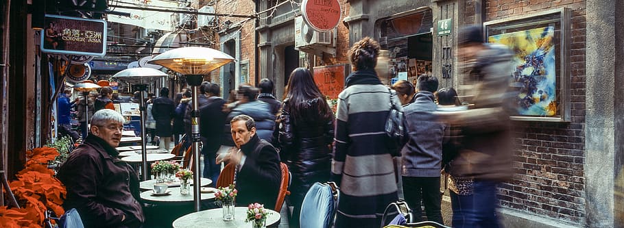 Taikang Road, two men sitting on dinette set on alley, city, cafe HD wallpaper
