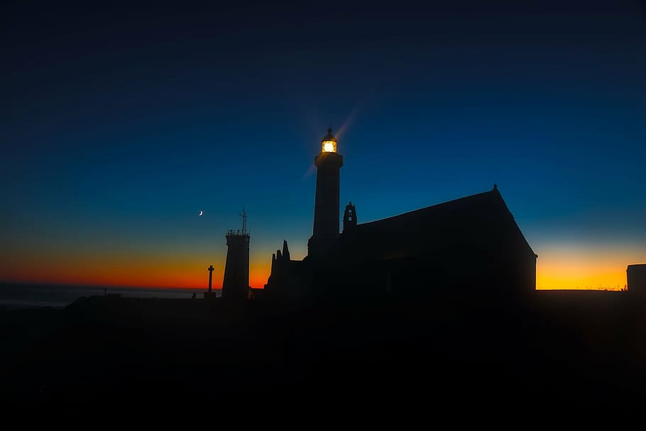 silhouette of lighthouse, france, structure, architecture, sunset HD wallpaper