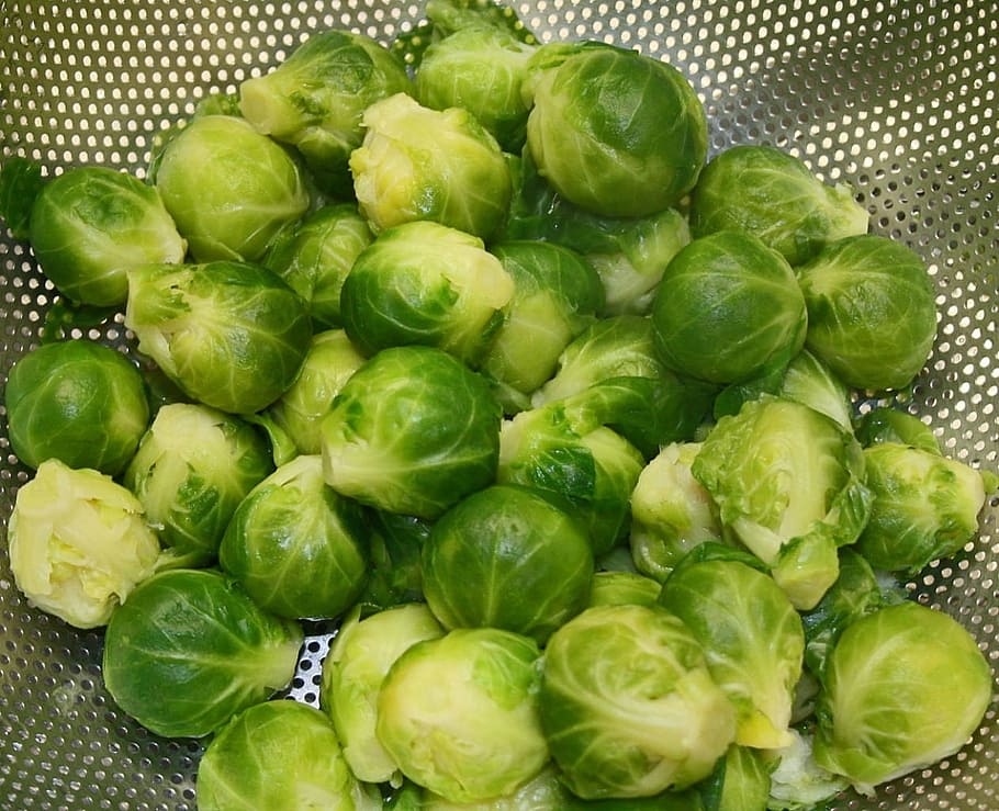 pile of cabbages on top of grey colander, brussels sprouts HD wallpaper