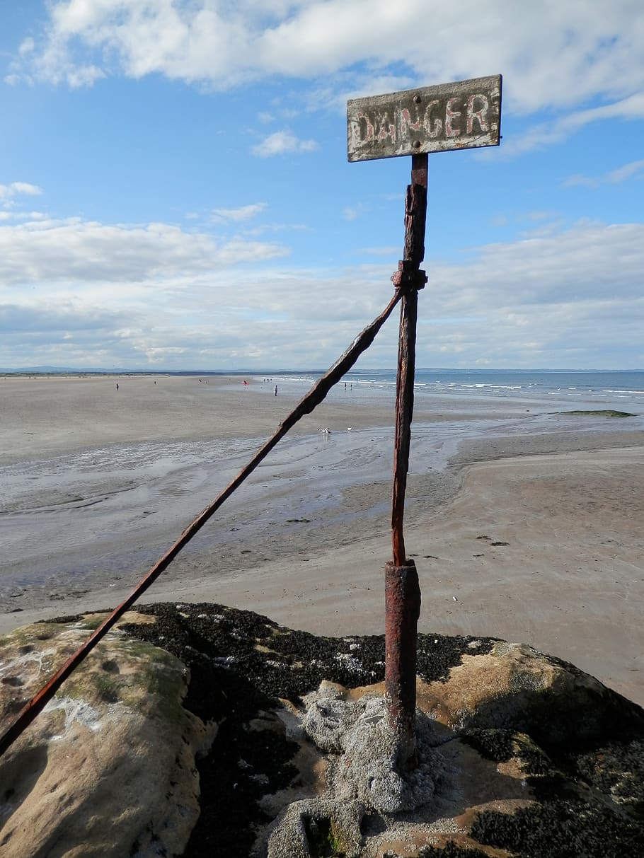 beach, danger, sign, sand, sky, water, cloud - sky, communication HD wallpaper