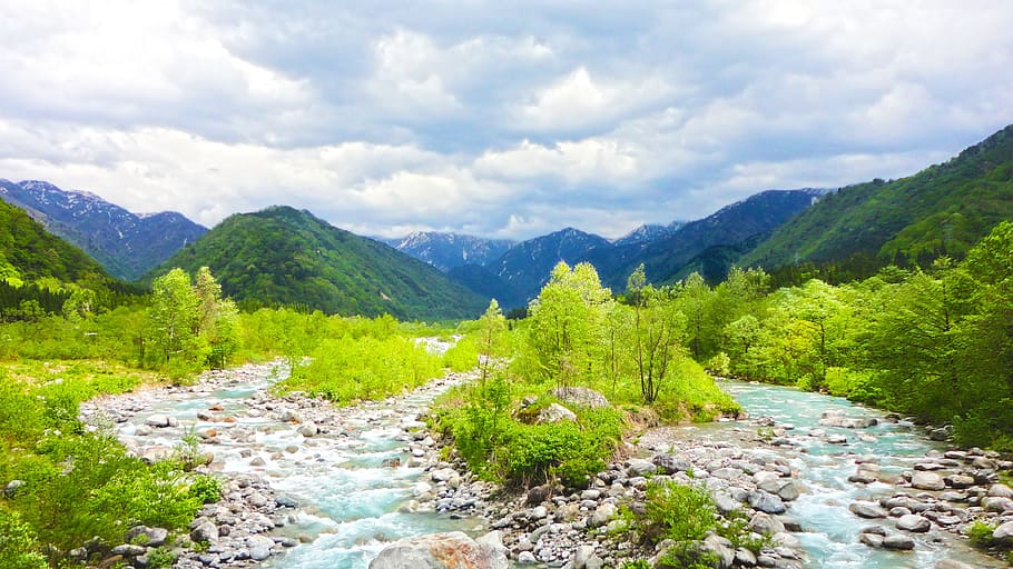 fresh green, river, spring, mountain, cloud, landscape, natural, HD wallpaper