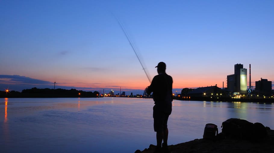 fish, angler, sunset, water, fishing, fishing rod, catch fish HD wallpaper