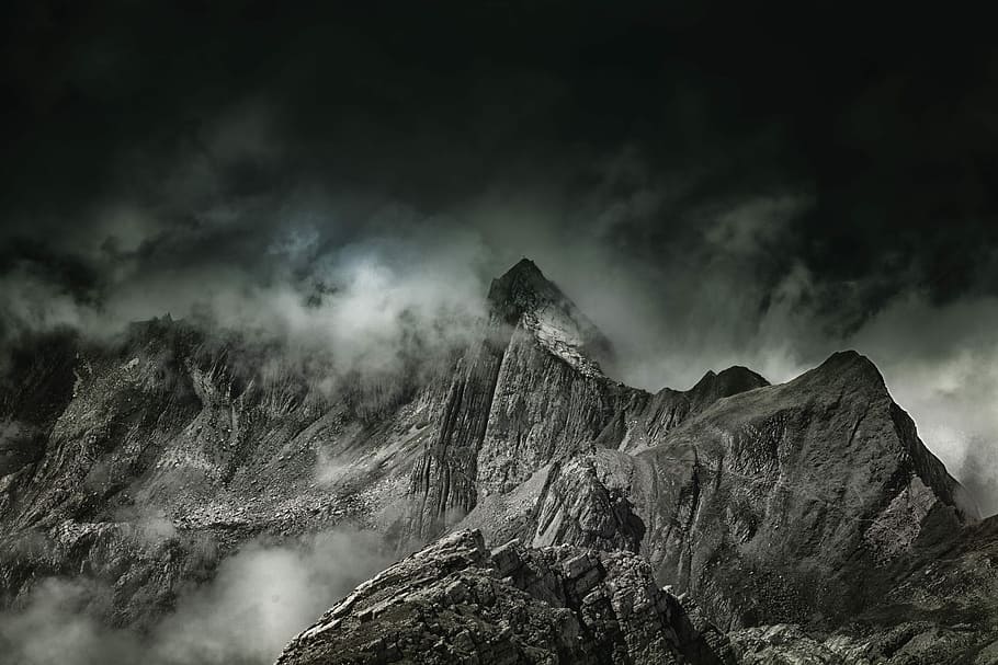 grayscale photography of rock formation, photography of mountain with smoke HD wallpaper