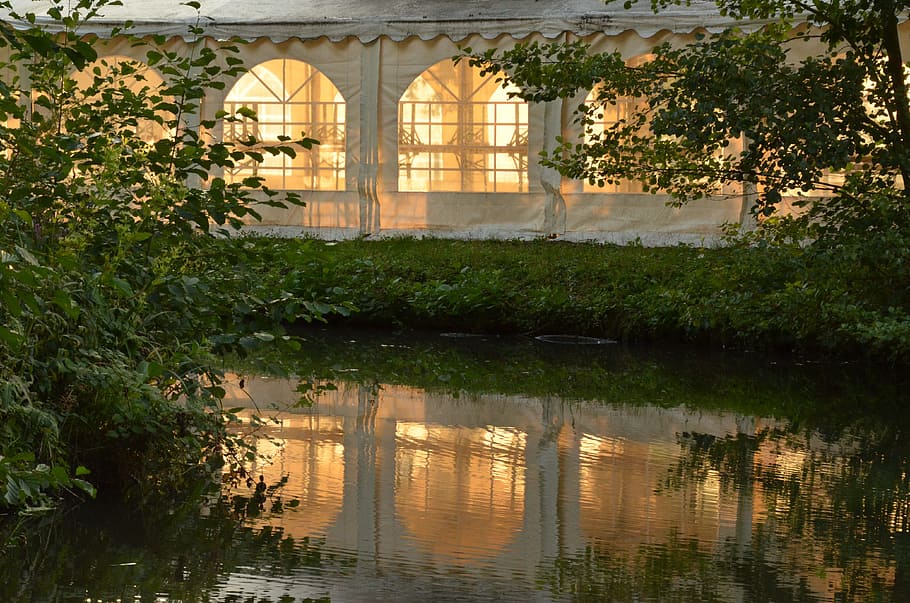 Nature, Water, Tree, Light, Tent, Sunset, reflection, architecture HD wallpaper