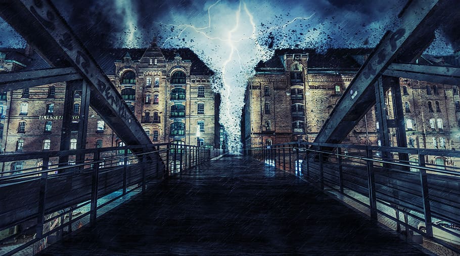 storm in city near bridge, building, disaster, architecture HD wallpaper